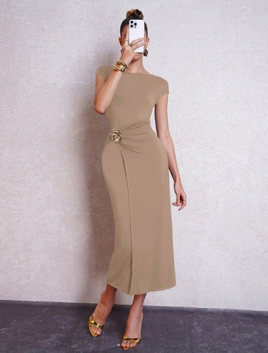 Elegant Cinch Waist Dress - Nude