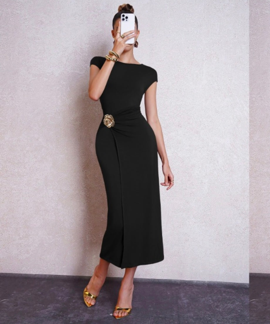 Elegant Cinch Waist Dress - Black