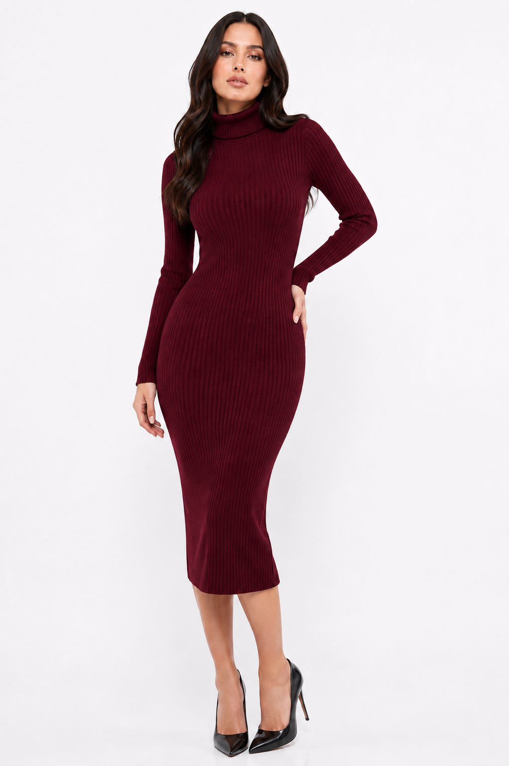 Ladies Midi Thick Knit Dress - Burdundy