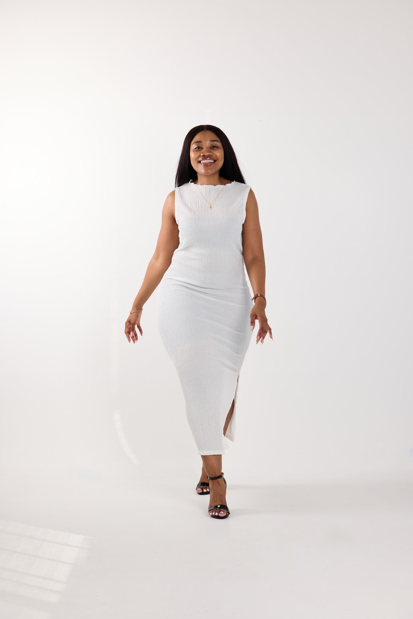Ivory Ruffle-Textured Midi Dress