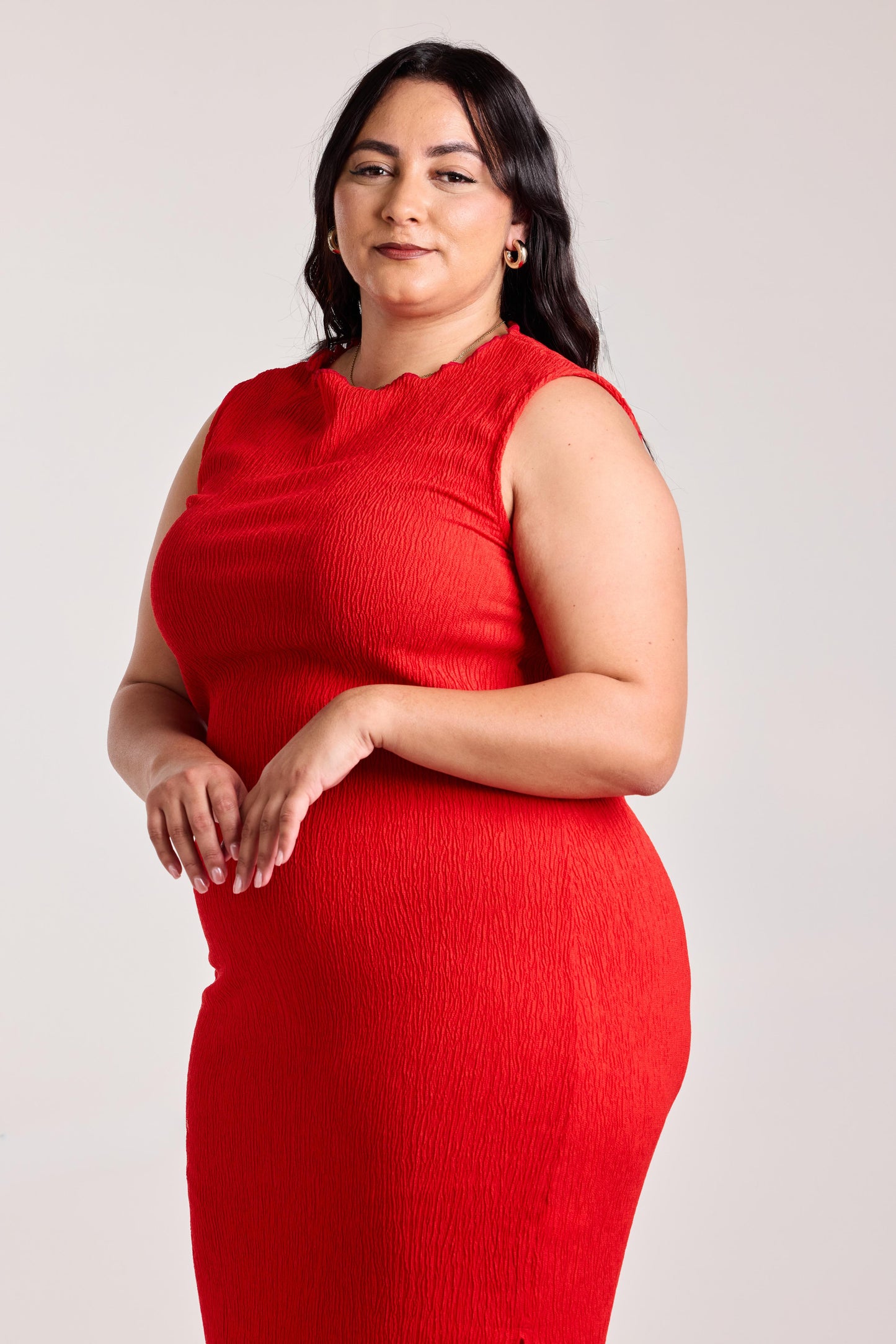 Crimson Ruffle-Textured Midi Dress