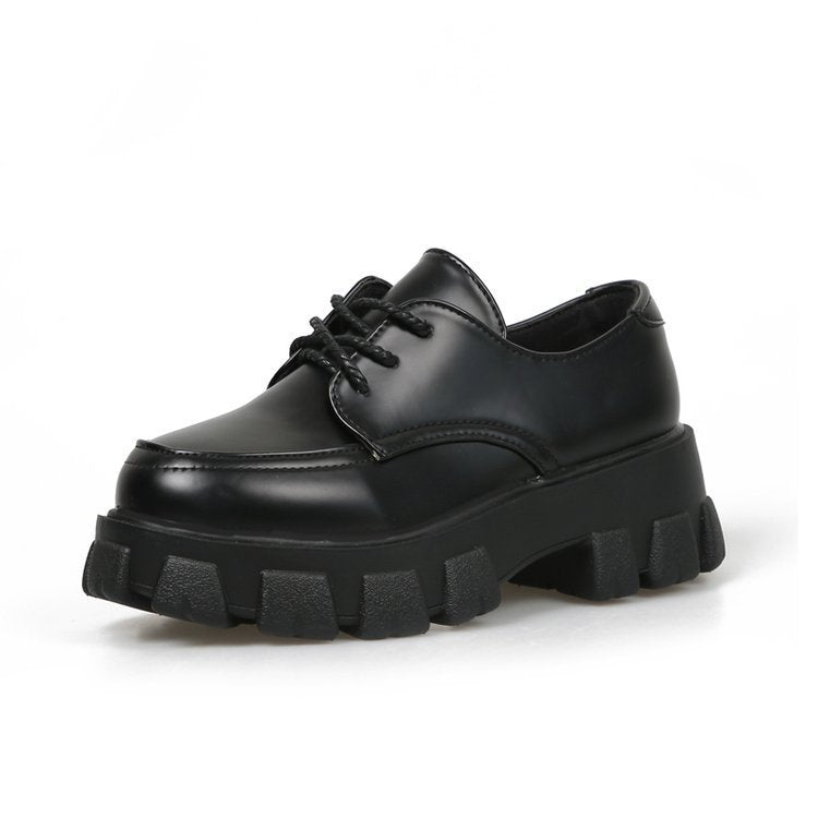 Women Black Chunky Lace Up Shoe | PU Leather