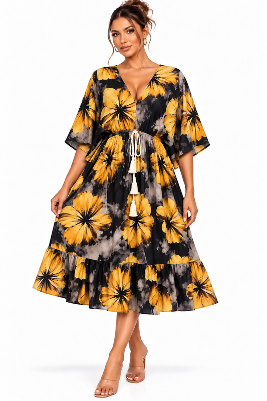 Midi Kaftan Dress | Black & Mustard Floral