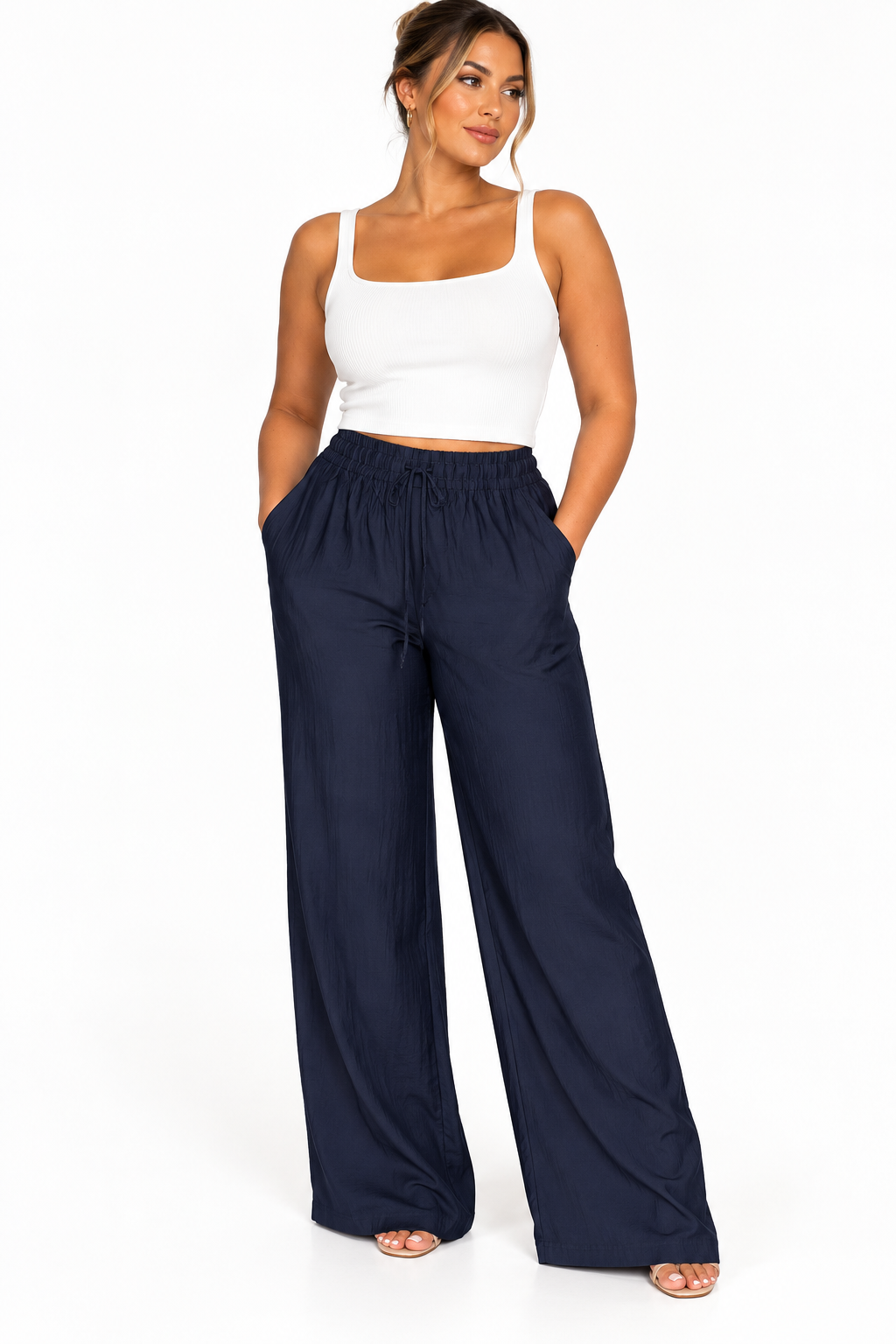 Linen Wide Leg Trouser | Navy Blue