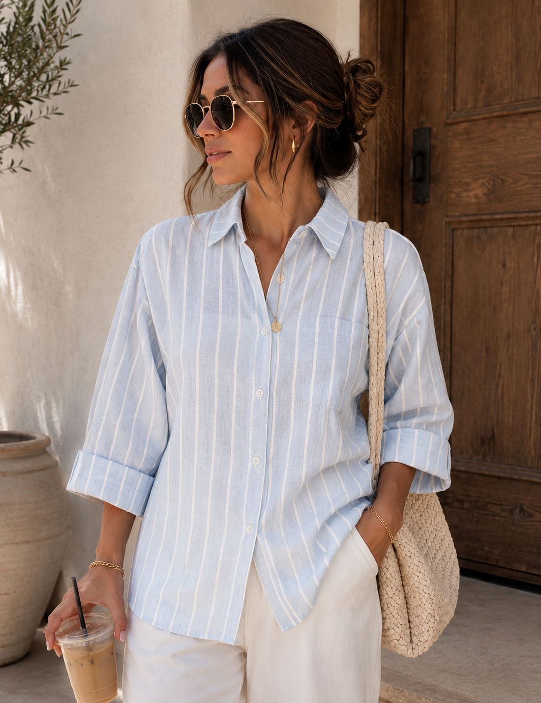 Ladies Stripe Shirt | Baby Blue