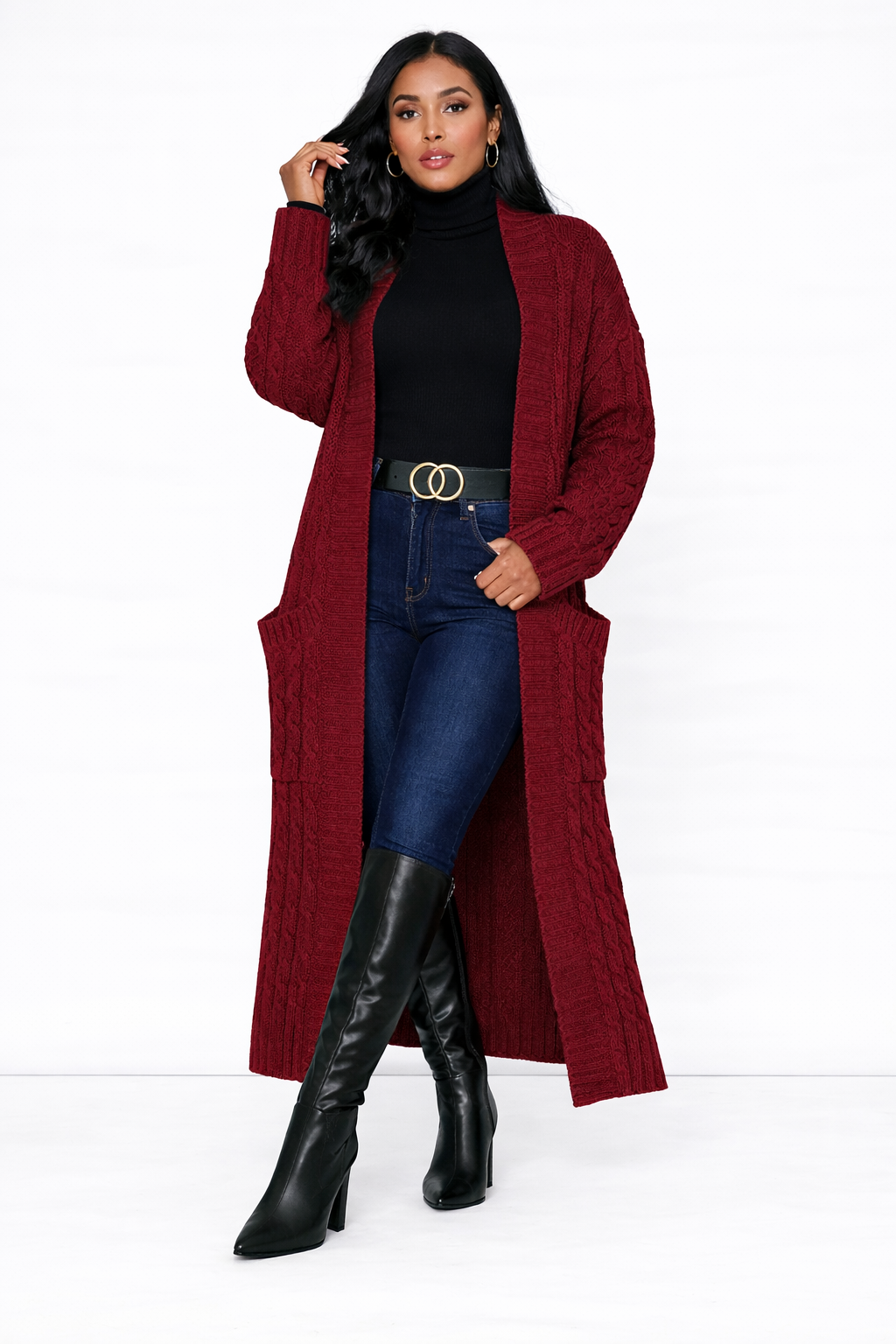 Cable Knit Cardigan - Burdundy