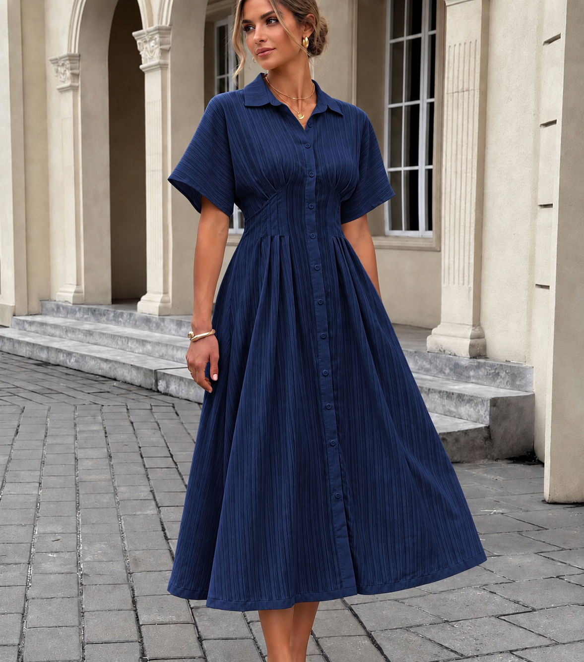 Midi Flare Shirt Dress | Navy Blue
