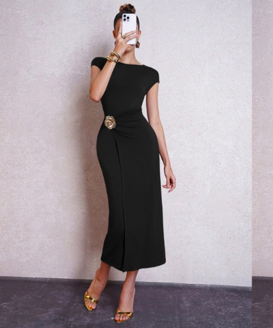 Elegant Cinch Waist Dress - Black
