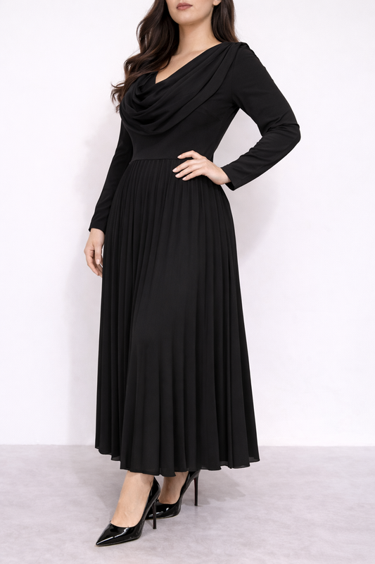Fit & Flare Pleated Dress - Black