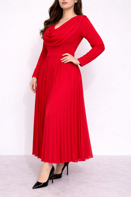 Fit & Flare Pleated Dress - Red
