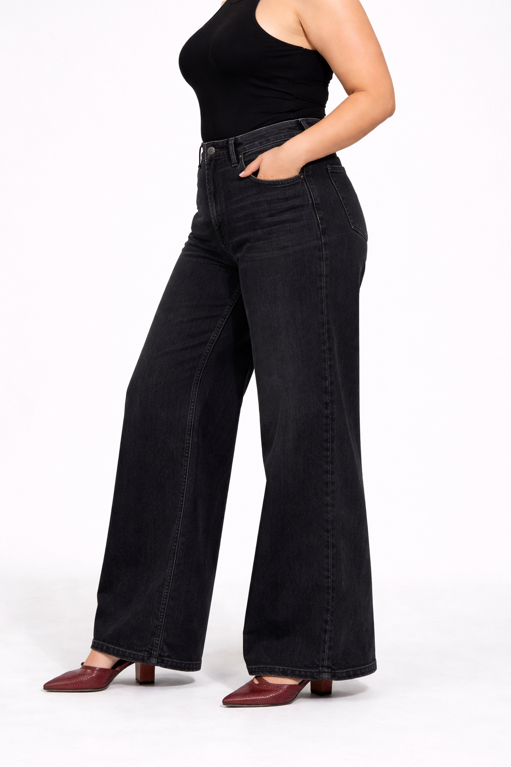 White-Washed Black Wide Leg Denim