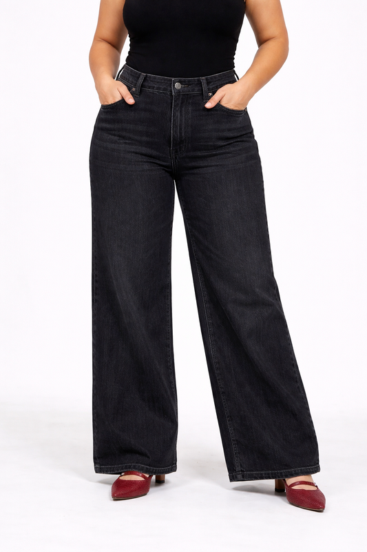 White-Washed Black Wide Leg Denim