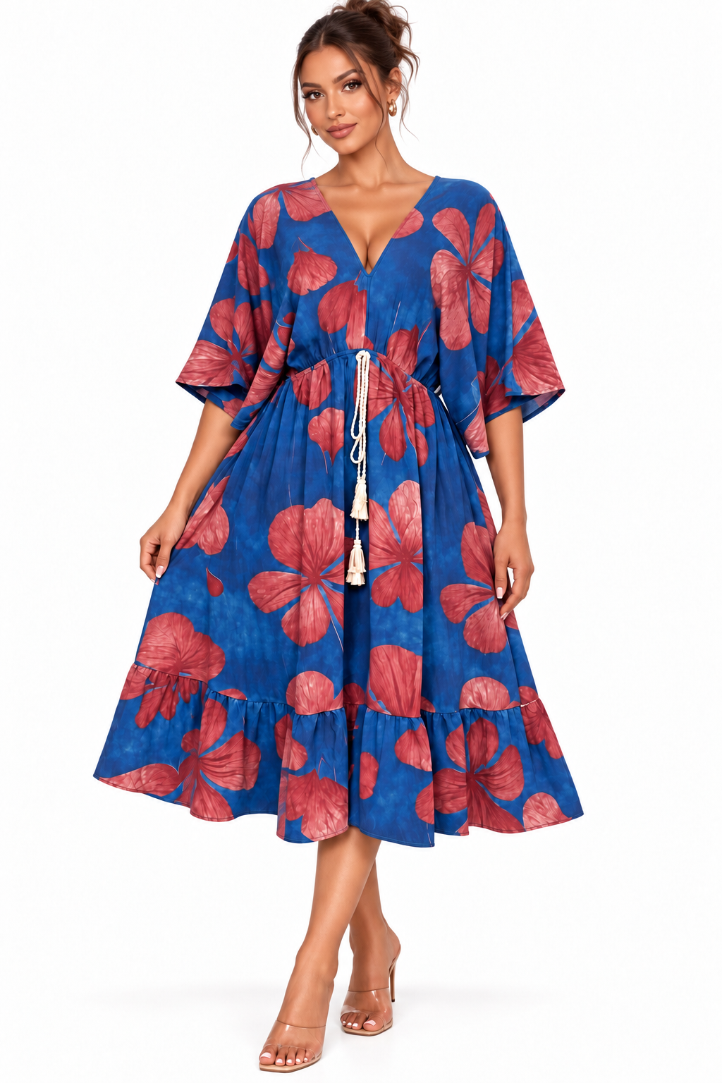 Midi Kaftan Dress | Blue & Red Floral