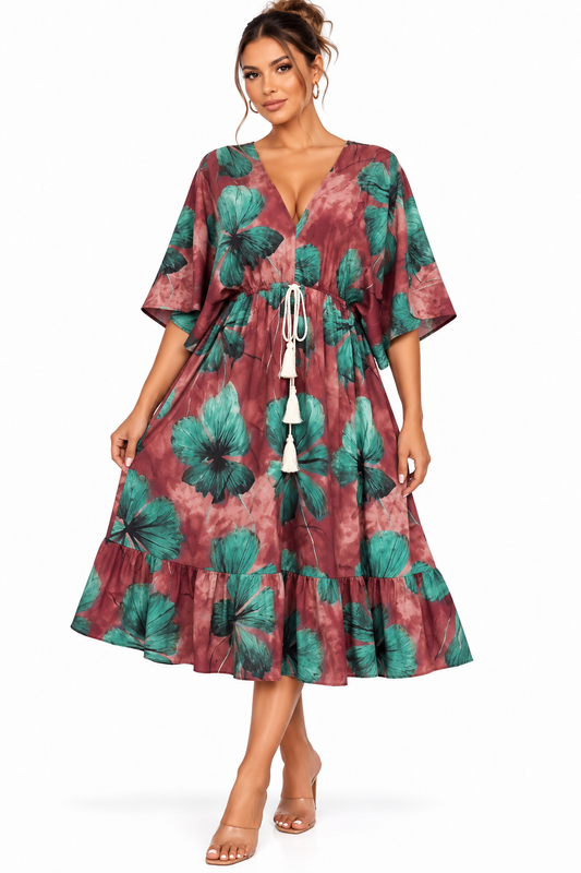 Midi Kaftan Dress | Burgundy & Teal Floral