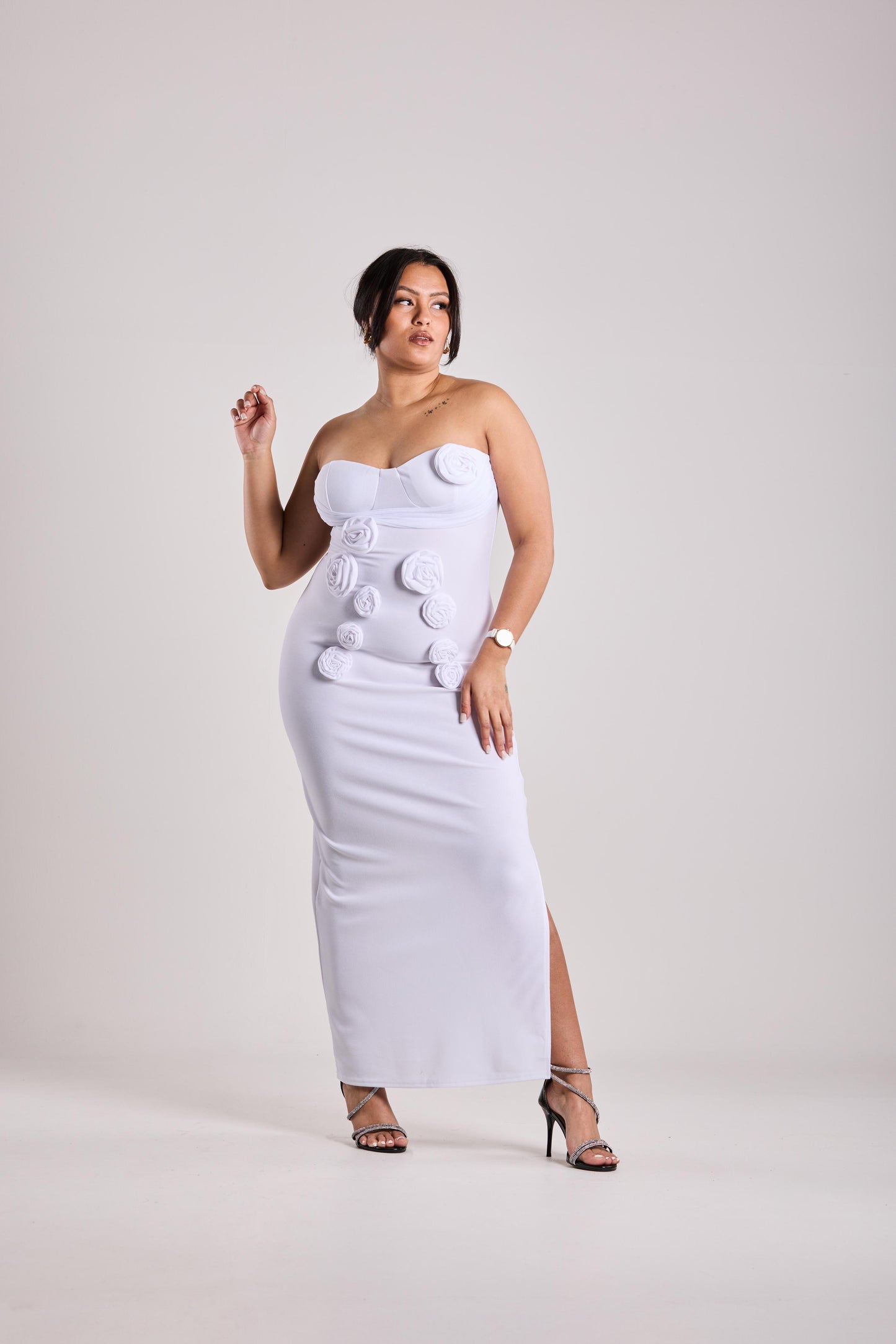 White Strapless Floral Appliqué Maxi Dress