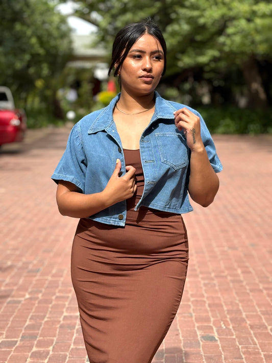 Short Sleeve Cropped Denim Jacket - Light Blue