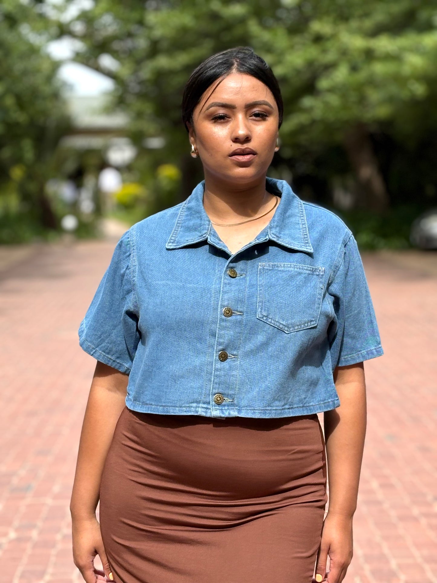 Short Sleeve Cropped Denim Jacket - Light Blue