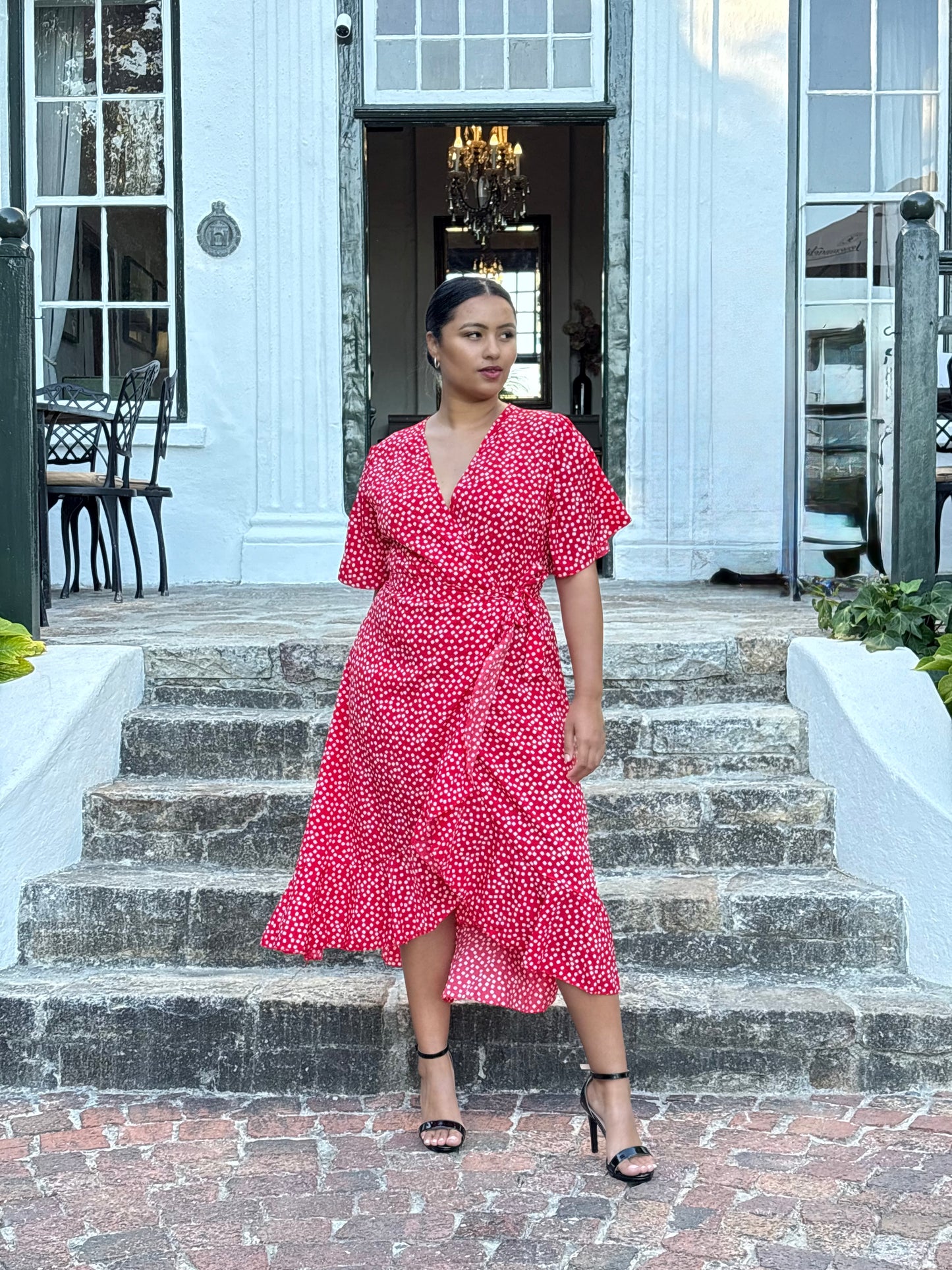 Red V-Neck Floral Dress