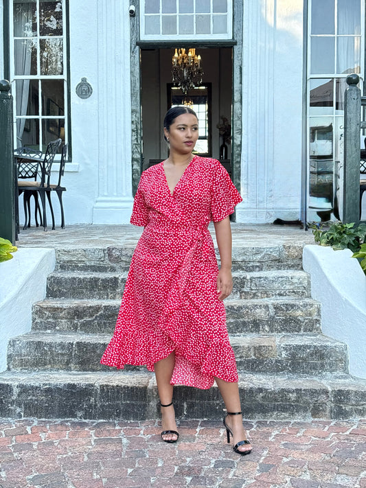 Red V-Neck Floral Dress