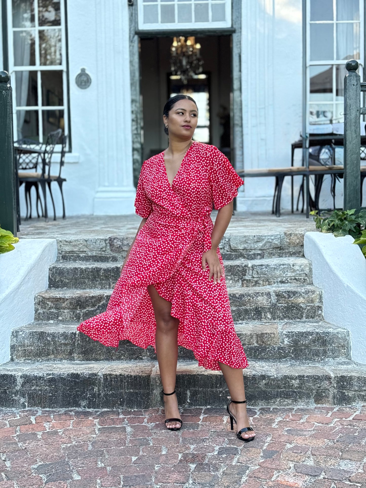 Red V-Neck Floral Dress