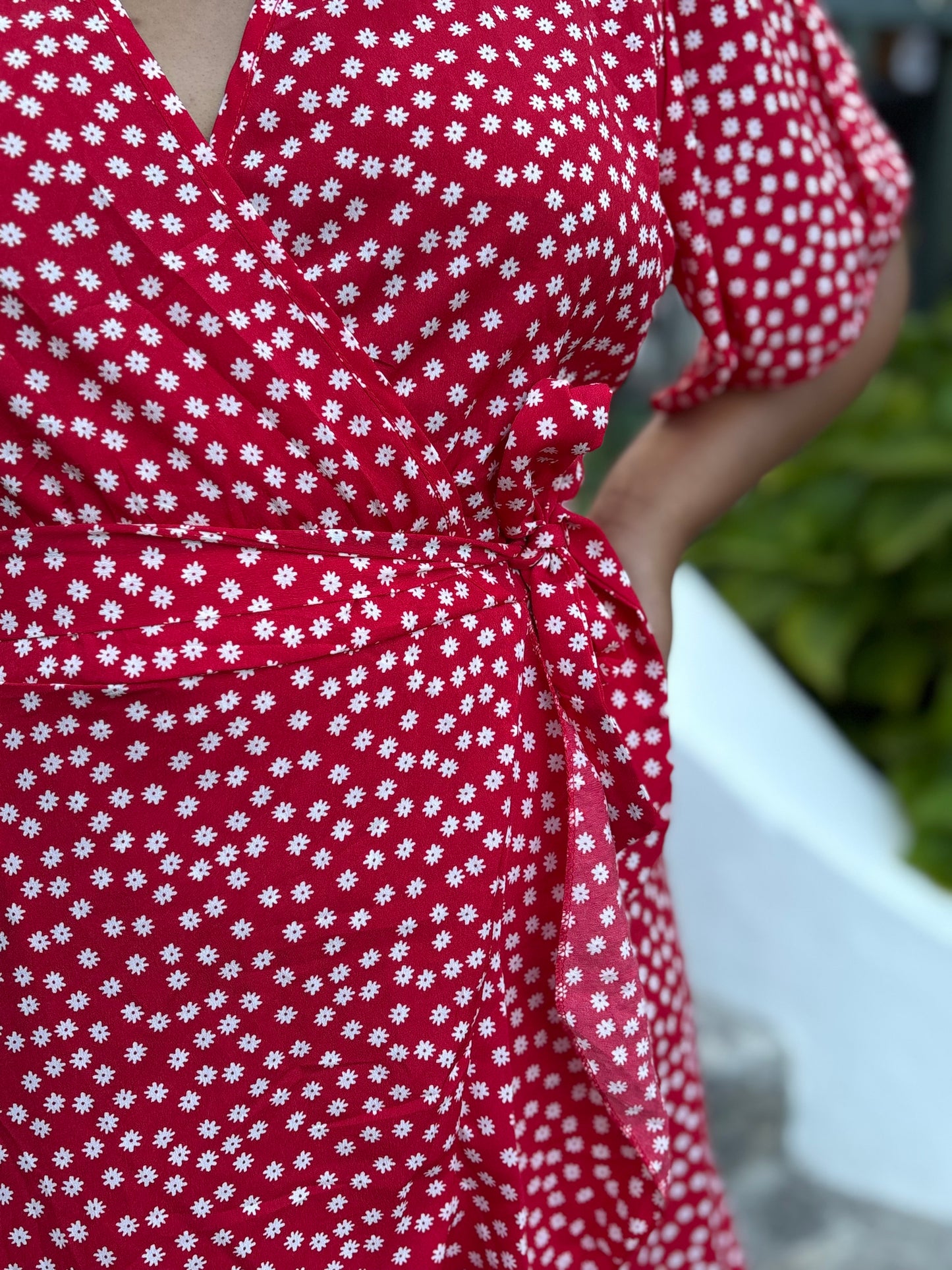 Red V-Neck Floral Dress
