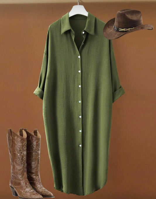 Ladies Oversized Shirt Dress - Green