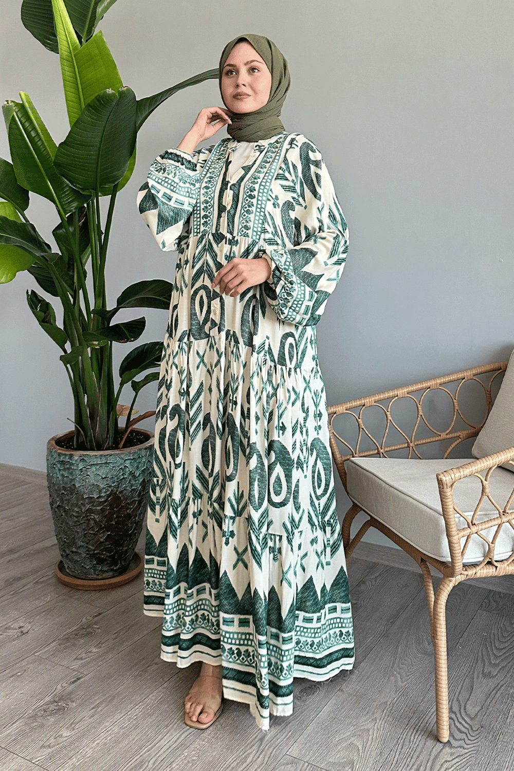 Modest Printed Maxi Dress - Green