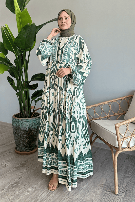 Modest Printed Maxi Dress - Green