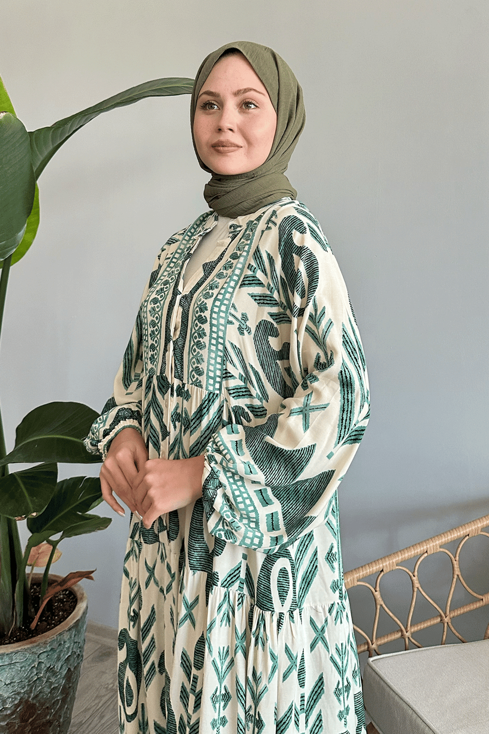 Modest Printed Maxi Dress - Green