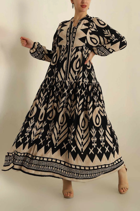 Modest Printed Maxi Dress - Black & Brown