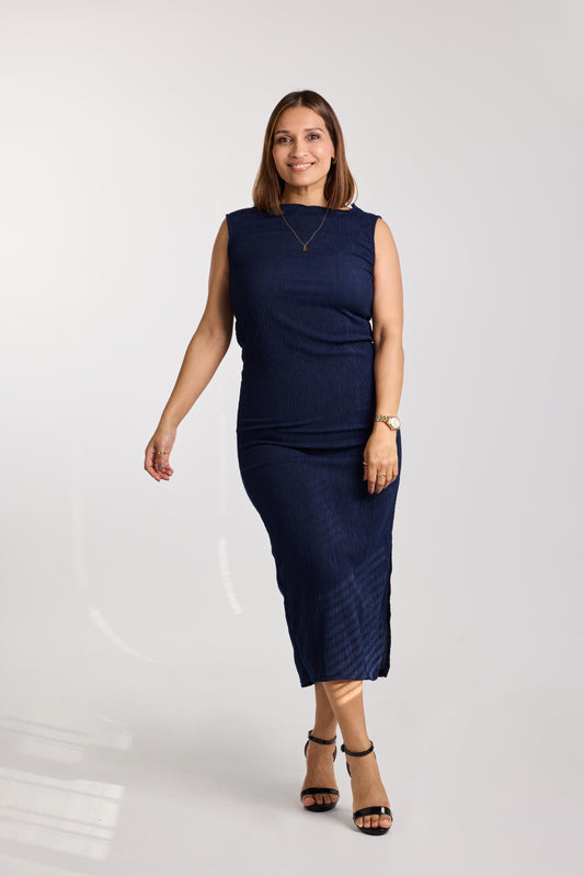 Midnight Ruffle-Textured Midi Dress