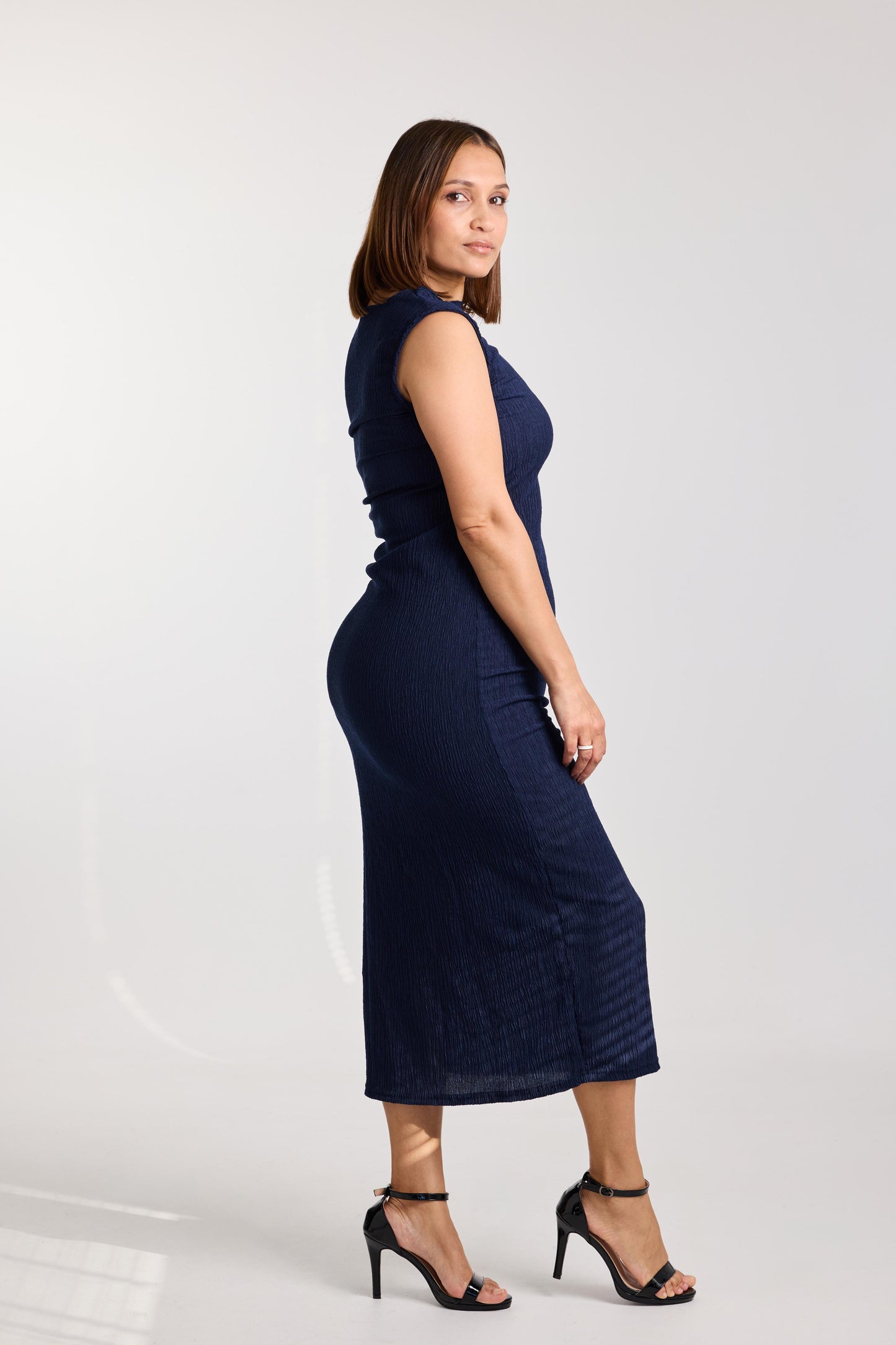 Midnight Ruffle-Textured Midi Dress