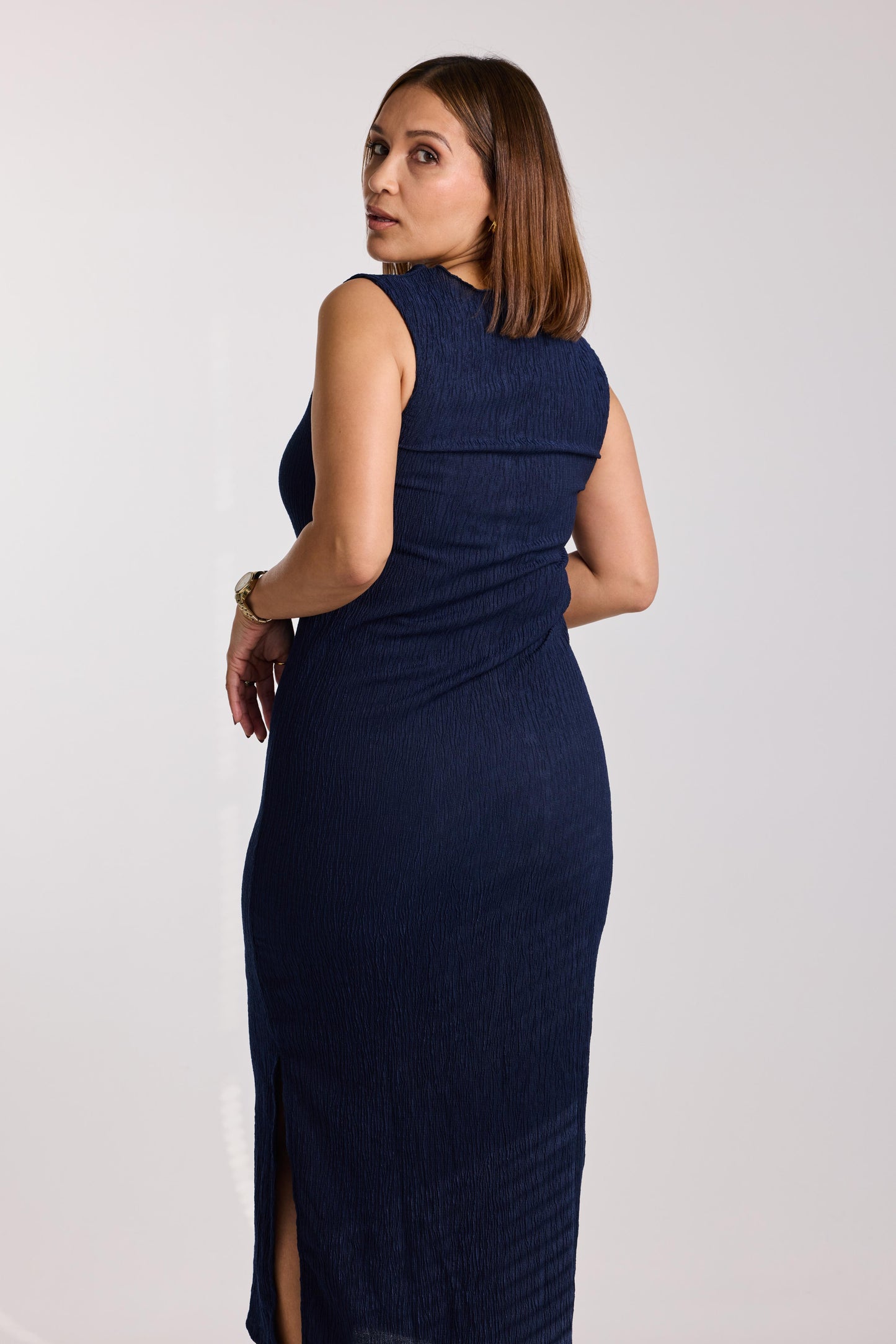 Midnight Ruffle-Textured Midi Dress