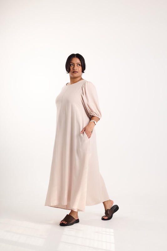 Sandstone Puff-Sleeve Maxi Dress