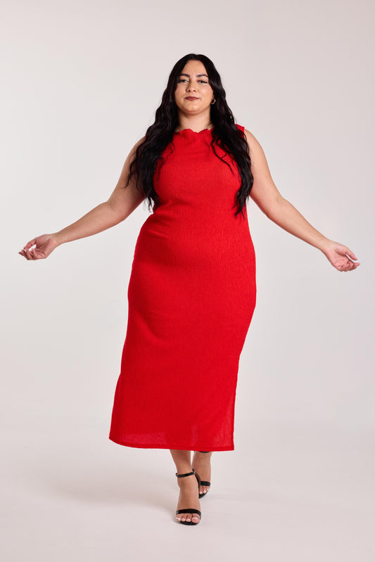 Crimson Ruffle-Textured Midi Dress