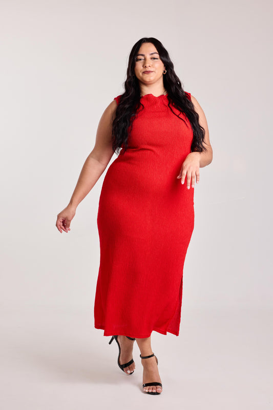 Crimson Ruffle-Textured Midi Dress