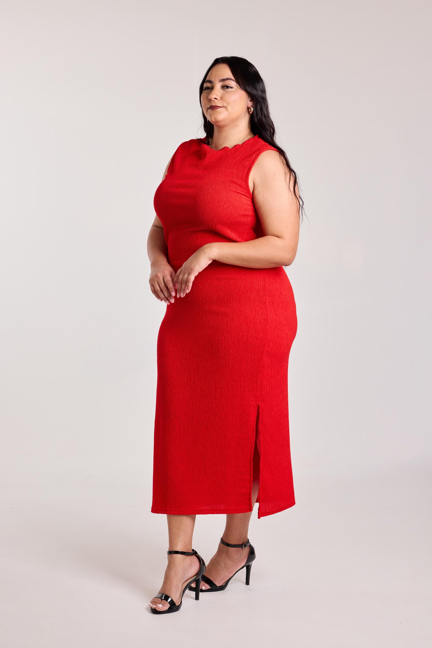 Crimson Ruffle-Textured Midi Dress