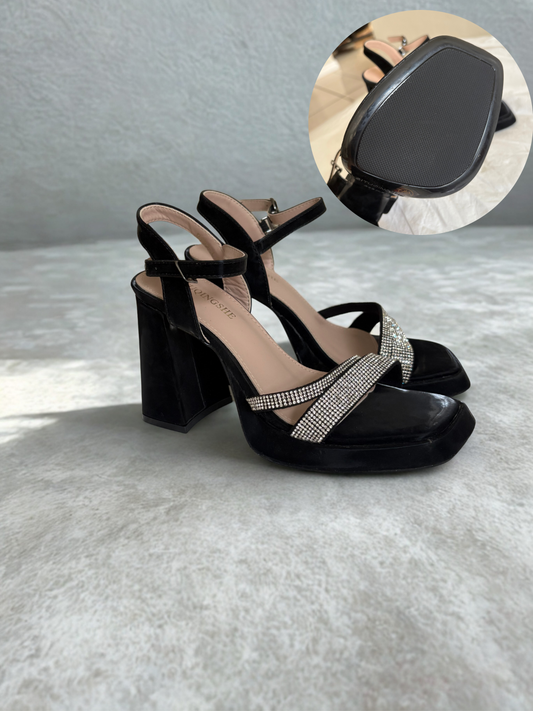 Velvet Luxe Rhinestone Block Heel
