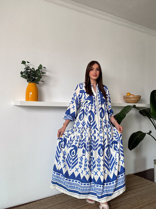 Modest Printed Maxi Dress - Blue