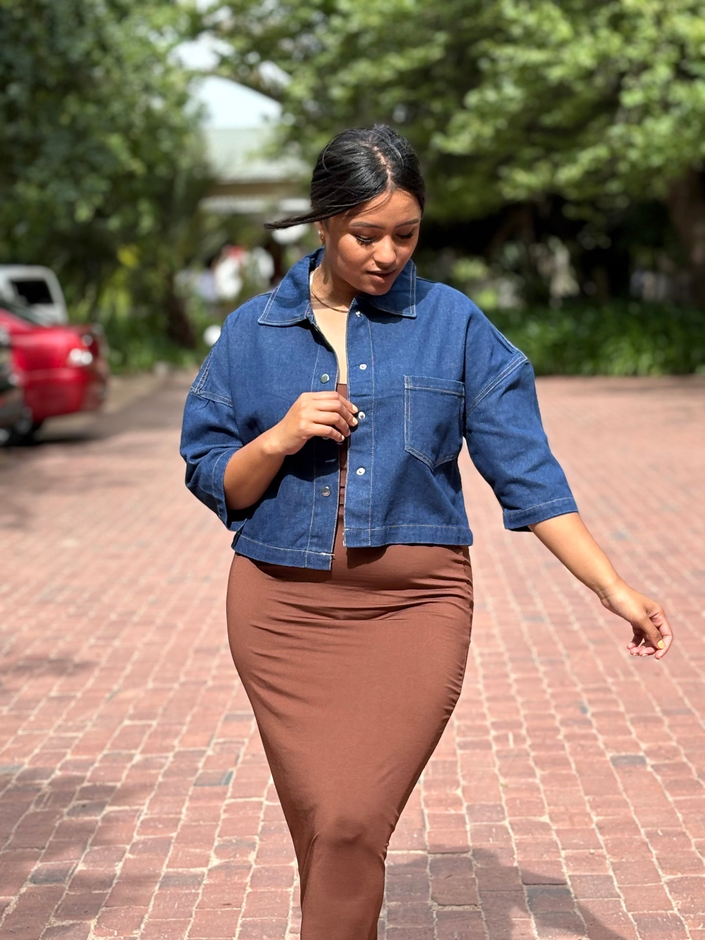 Short Sleeve Cropped Denim Jacket - Dark Blue