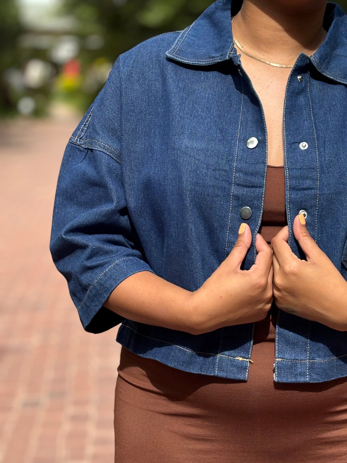 Short Sleeve Cropped Denim Jacket - Dark Blue