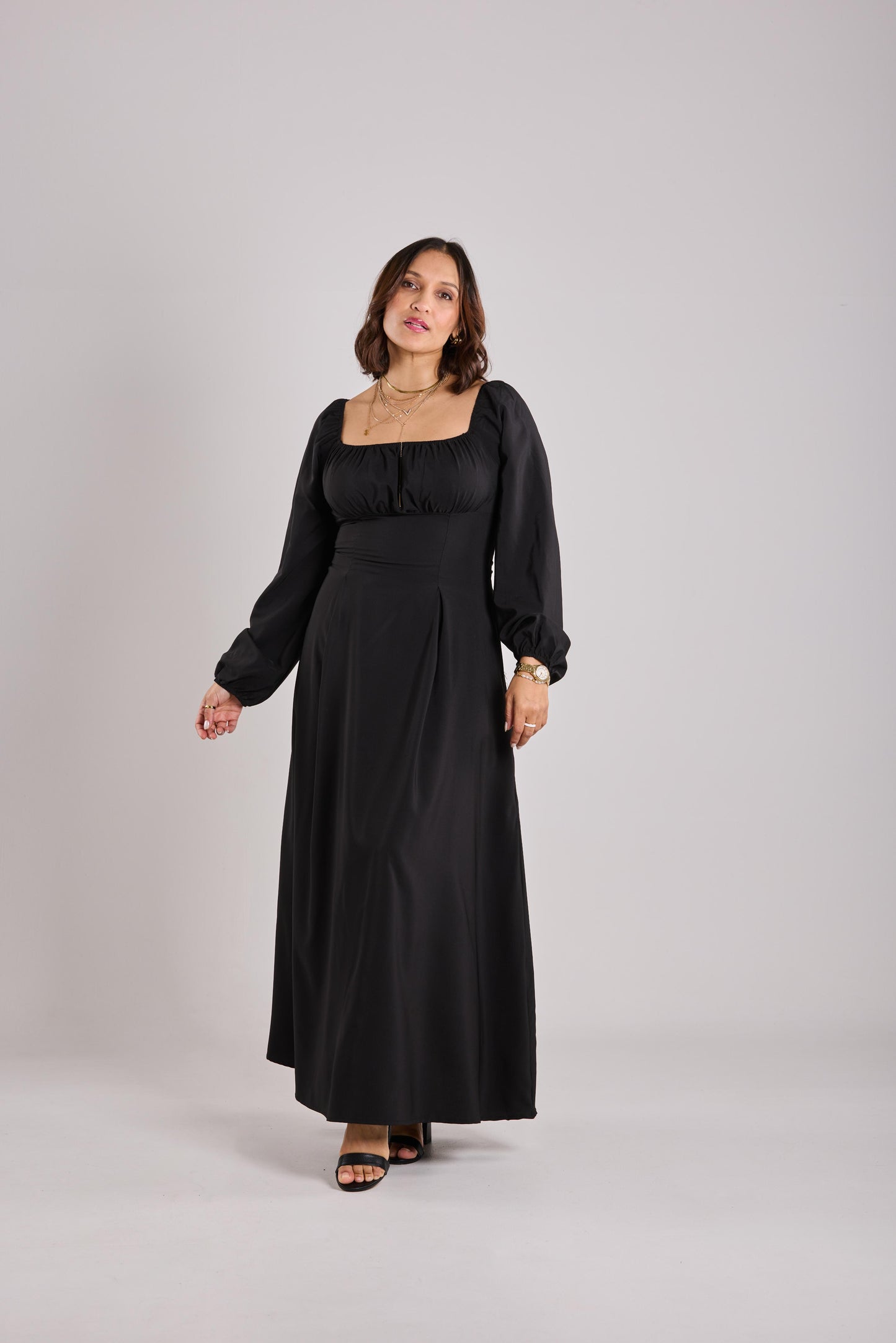 Black A-line Long Sleeve Maxi Dress With Pockets